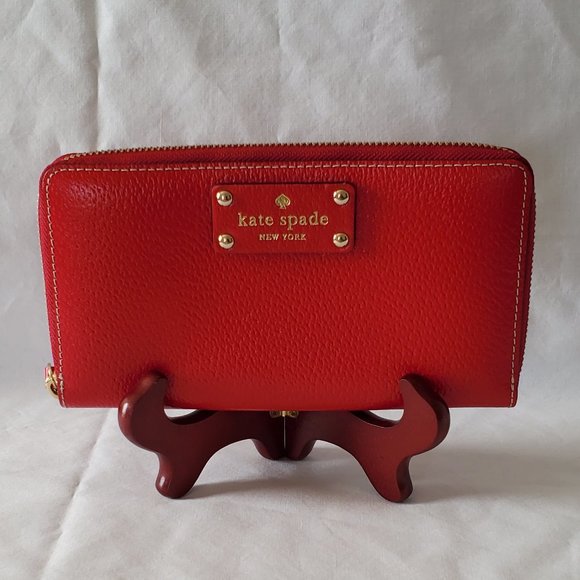 kate spade Handbags - Authentic Kate Spade Neda Grey Street Pillbox Red Leather Clutch Wallet WLRU1153